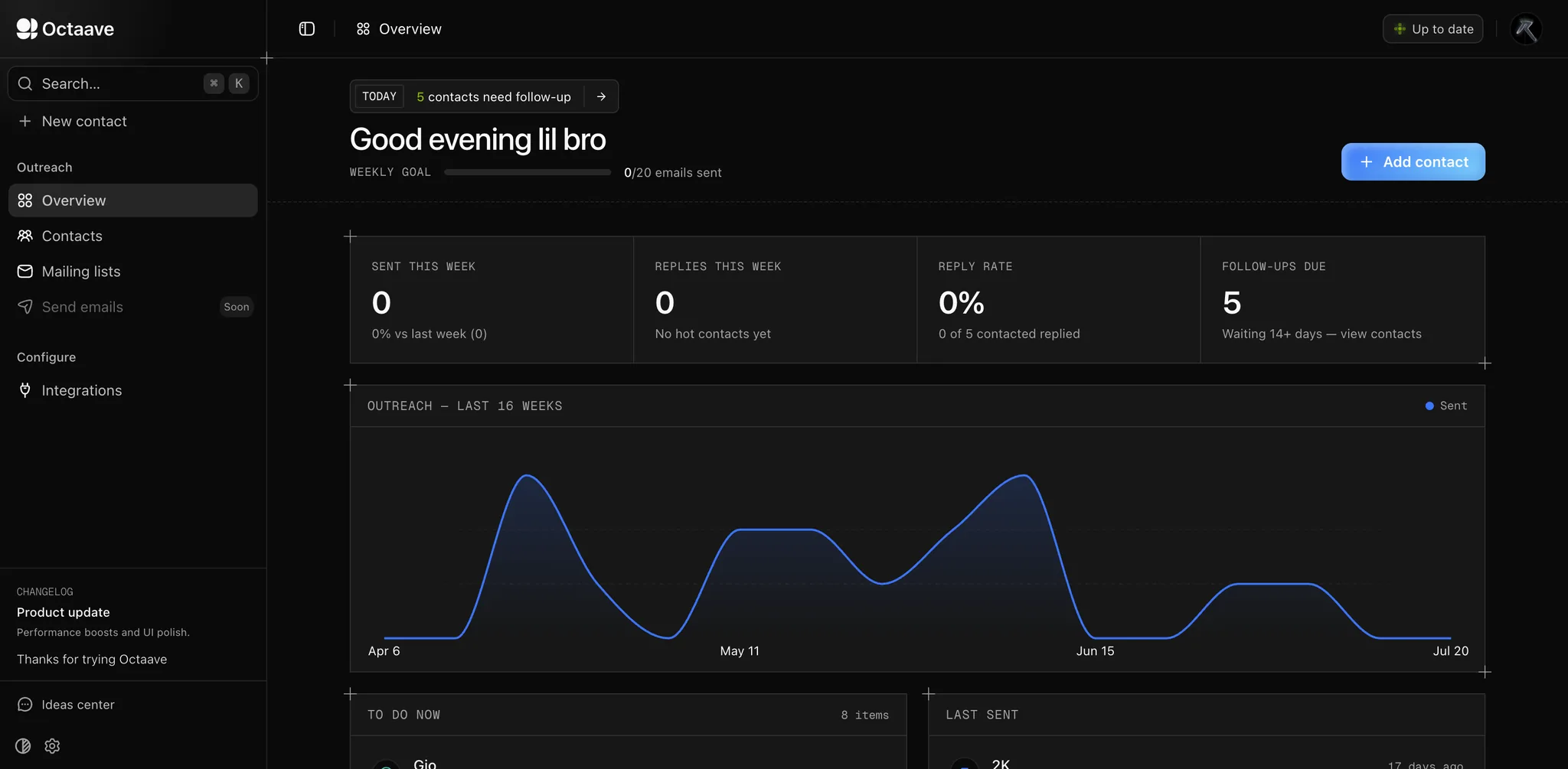 Octaave CRM dashboard in dark mode with contacts and placement pipeline